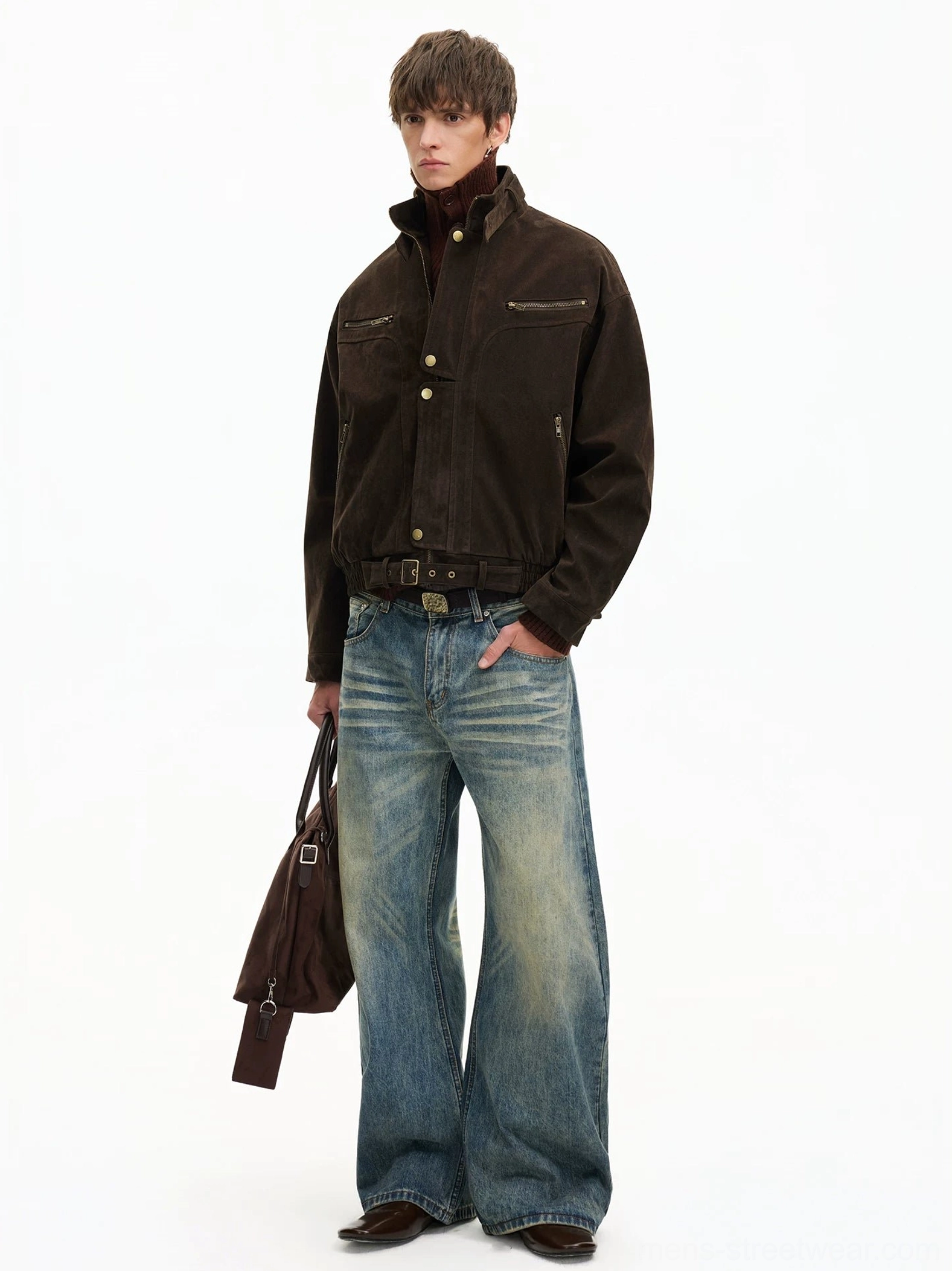 Brown corduroy stand collar utility bomber jacket side view with cropped relaxed streetwear silhouette