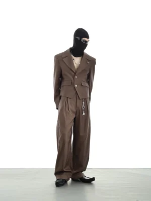 Brown cropped tailored blazer and wide-leg trousers suit set rear view in Seoul fashion styling