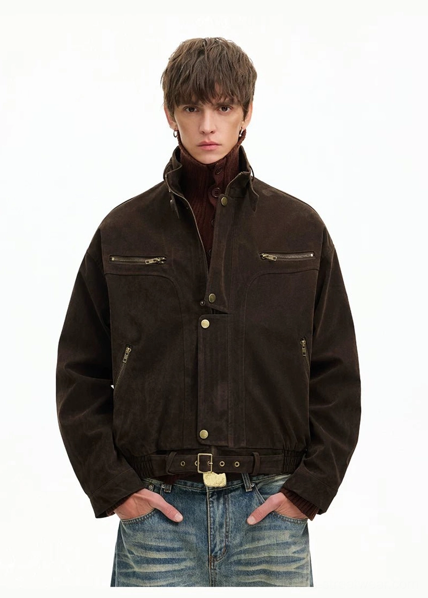 Brown cropped utility bomber jacket with gold snap closure zip pockets and adjustable waist detail front view