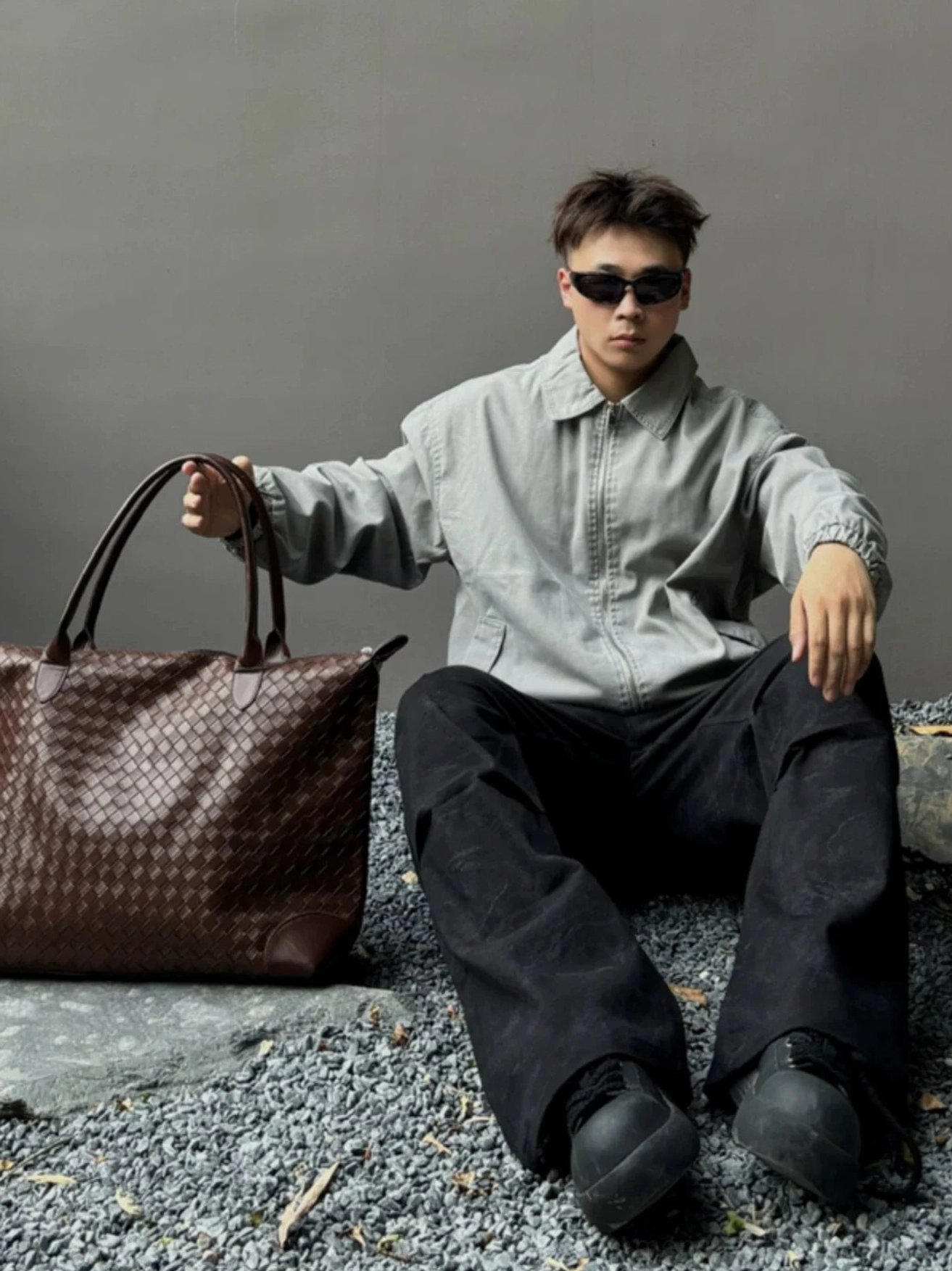 Brown diamond woven PU leather weekender tote bag for men with rounded top handles