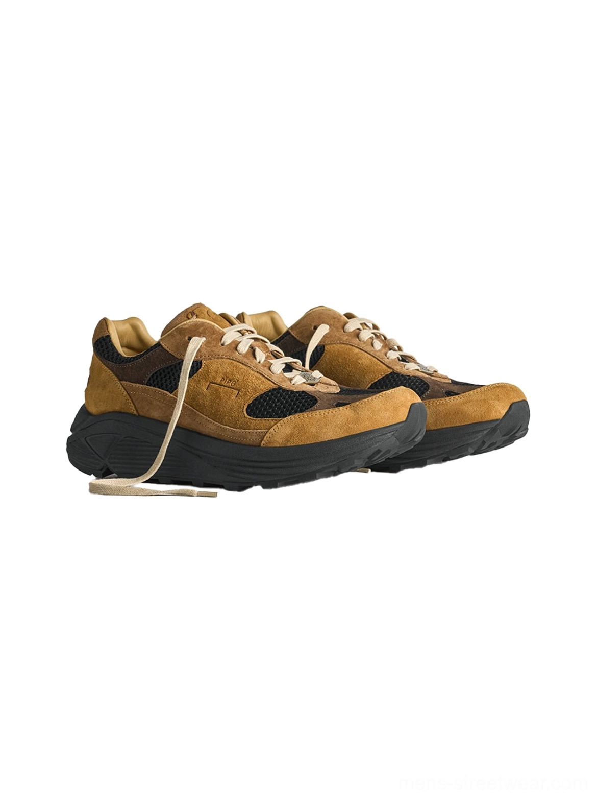 Brown distressed suede trail runner sneakers with black mesh and rugged outsole in detailed product view