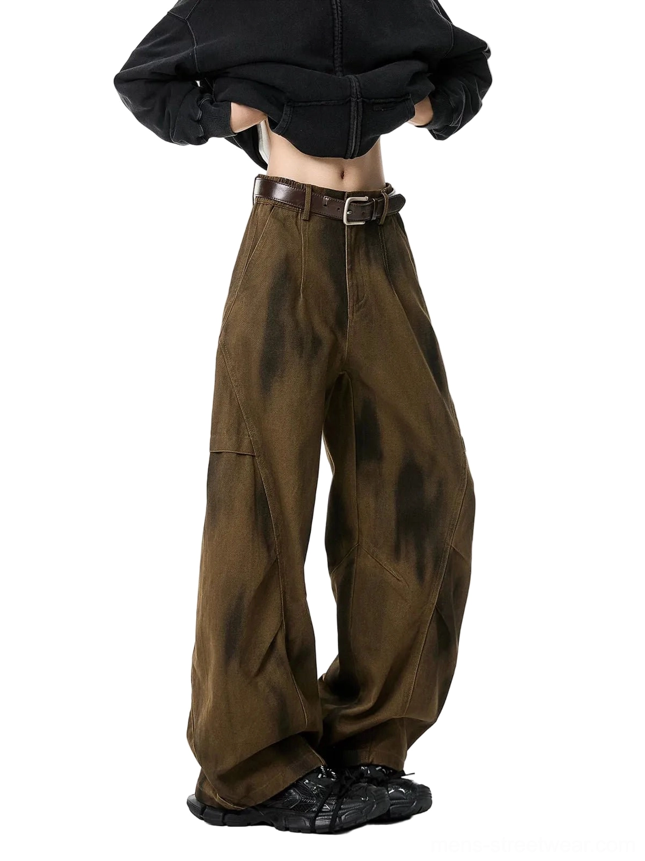 Brown faded tie-dye utility wide-leg pants shown from a low-angle front view with an ultra high-waisted fit, structured seams, cropped black hoodie, and leather belt