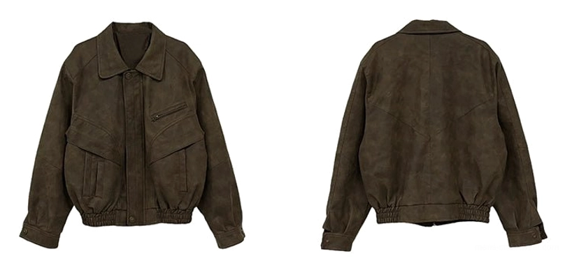 Brown faux leather jacket with relaxed oversized silhouette for modern Seoul-inspired men's streetwear outfits