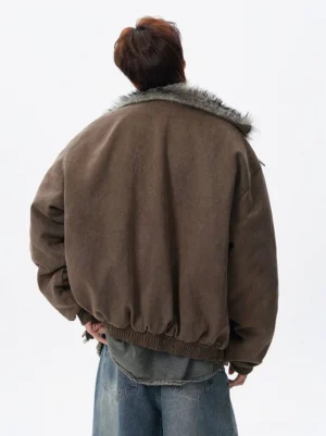 Brown faux-shearling aviator bomber jacket back view showing oversized boxy silhouette elasticated hem and streetwear styling