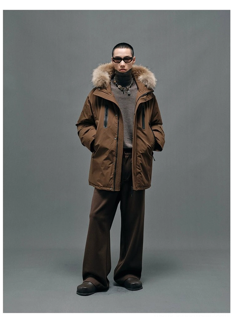 Brown fur-collar hooded down coat styled with tonal brown knitwear and wide-leg trousers in modern Korean fashion