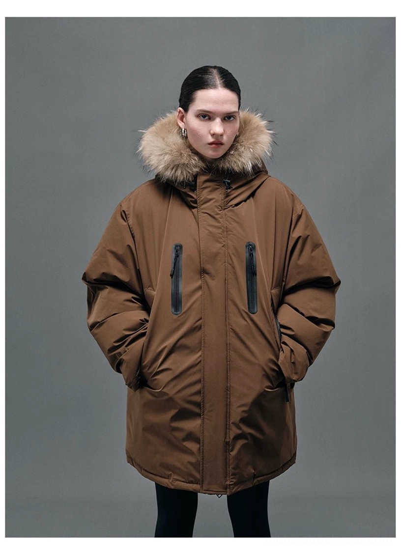 Brown fur-collar hooded white duck down coat color option with warm matte finish and functional winter pocket details