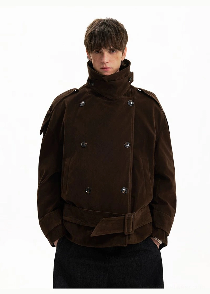 Brown high-collar corduroy cropped trench coat with tonal buttons and shoulder epaulettes