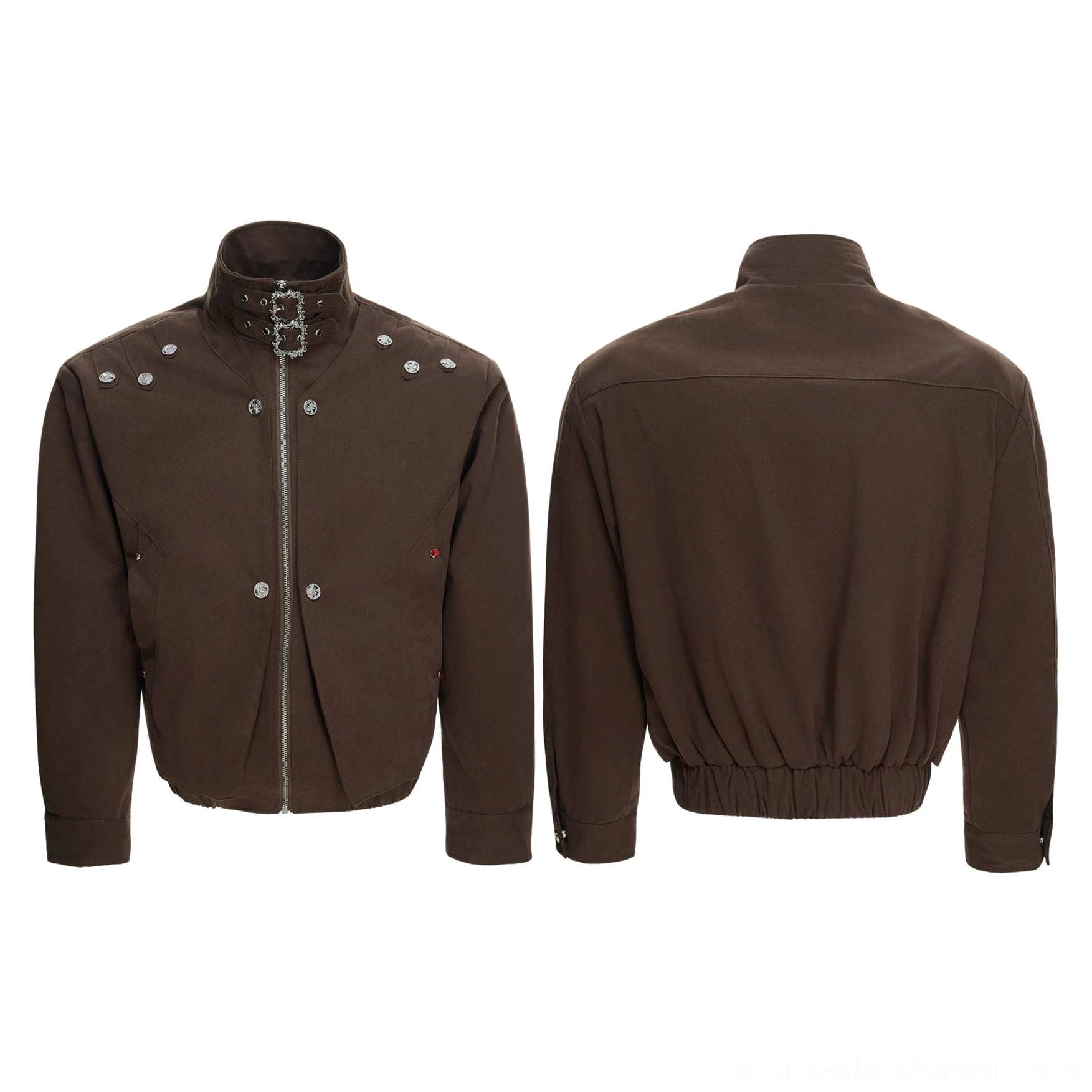 Brown high neck hardware canvas jacket flat lay showing silver buckle collar, metal rivet details, front zipper, and cropped ribbed hem