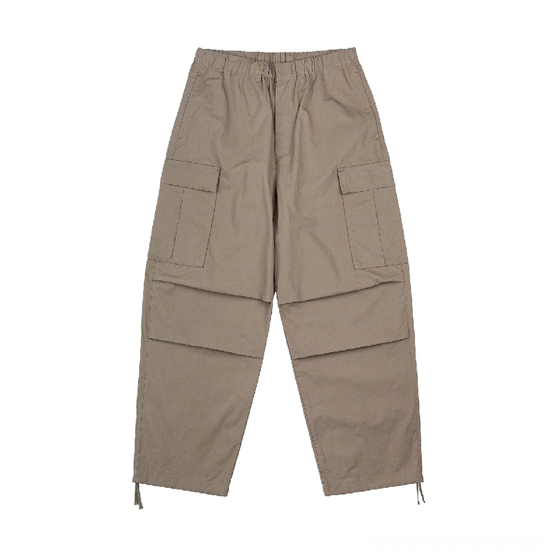 Brown khaki utility cargo pants with relaxed wide leg elastic waistband flap pockets and adjustable drawstring cuffs