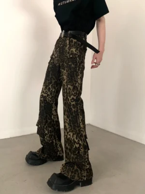 Side three-quarter view of brown leopard print cargo pants with flared wide-leg silhouette and utility pockets