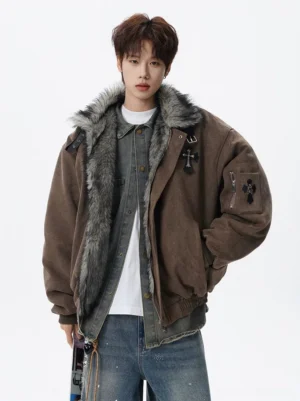 Brown oversized faux-shearling aviator bomber jacket front full body view with distressed faux-suede look shell and grey fur collar