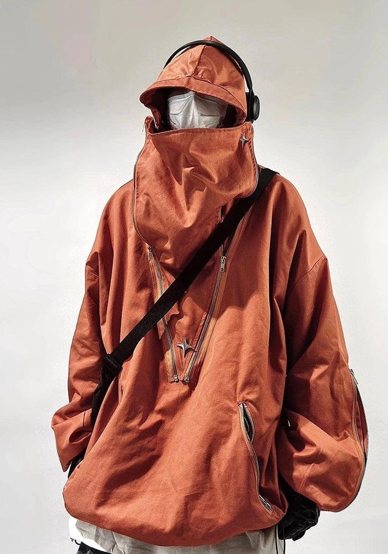 Brown oversized tactical streetwear pullover with solid woven fabric, high neck hood, metal zippers, and relaxed silhouette