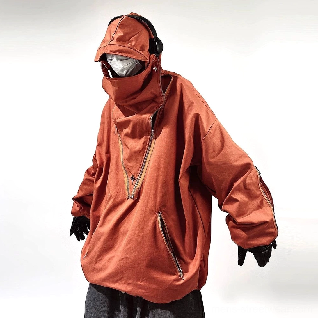 Brown oversized techwear streetwear jacket shown from the front with dual zipper closures, adjustable drawstring hem, and hood