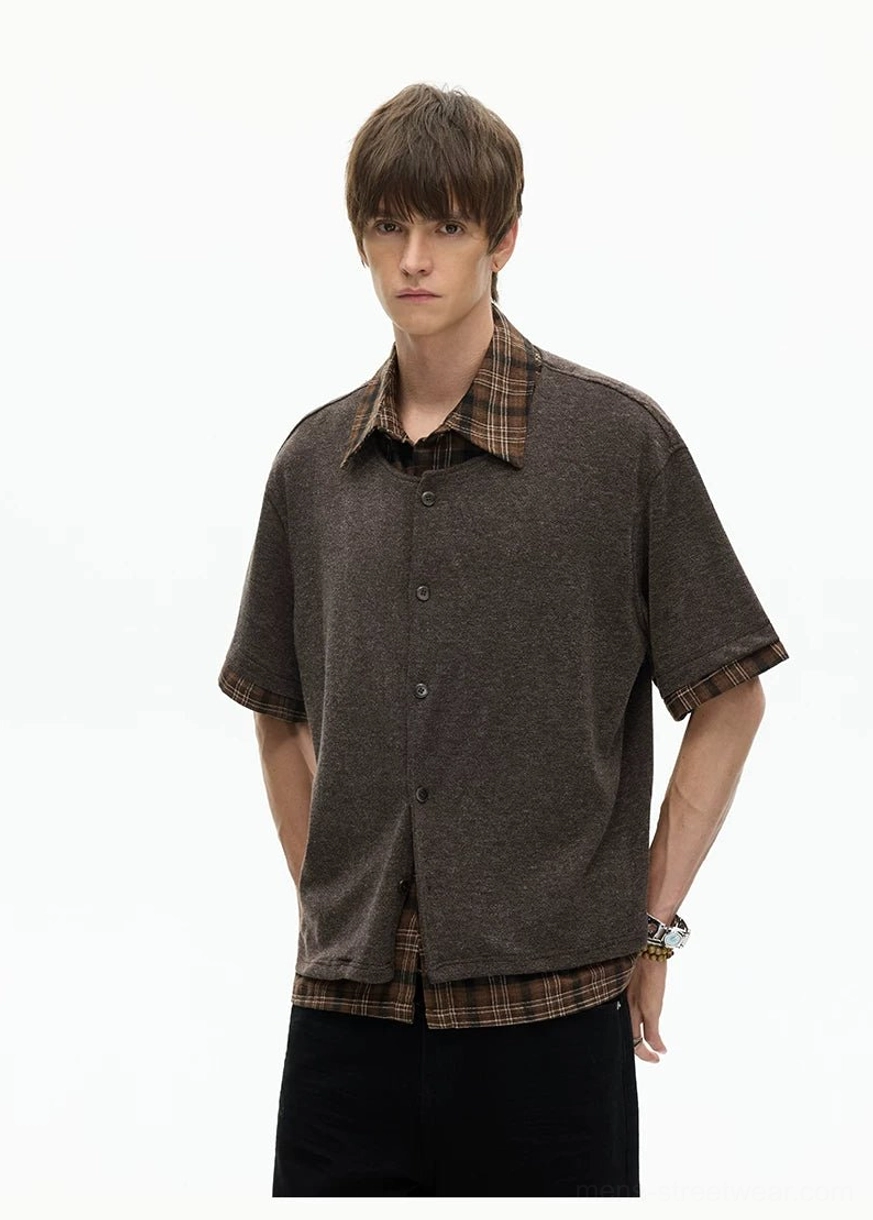 Brown plaid hem knit shirt front view featuring heathered knit texture and relaxed layered silhouette