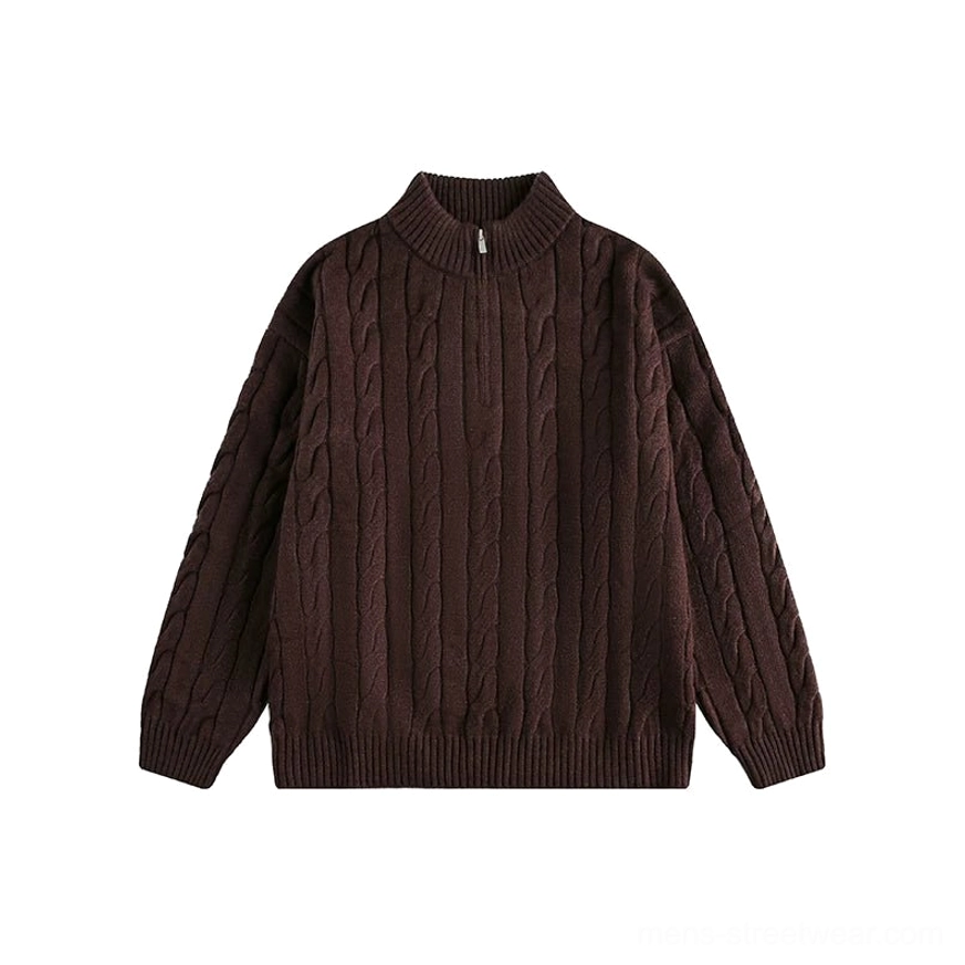 Brown regular-style cable-knit half-zip sweater product image for understated Korean streetwear and everyday layering
