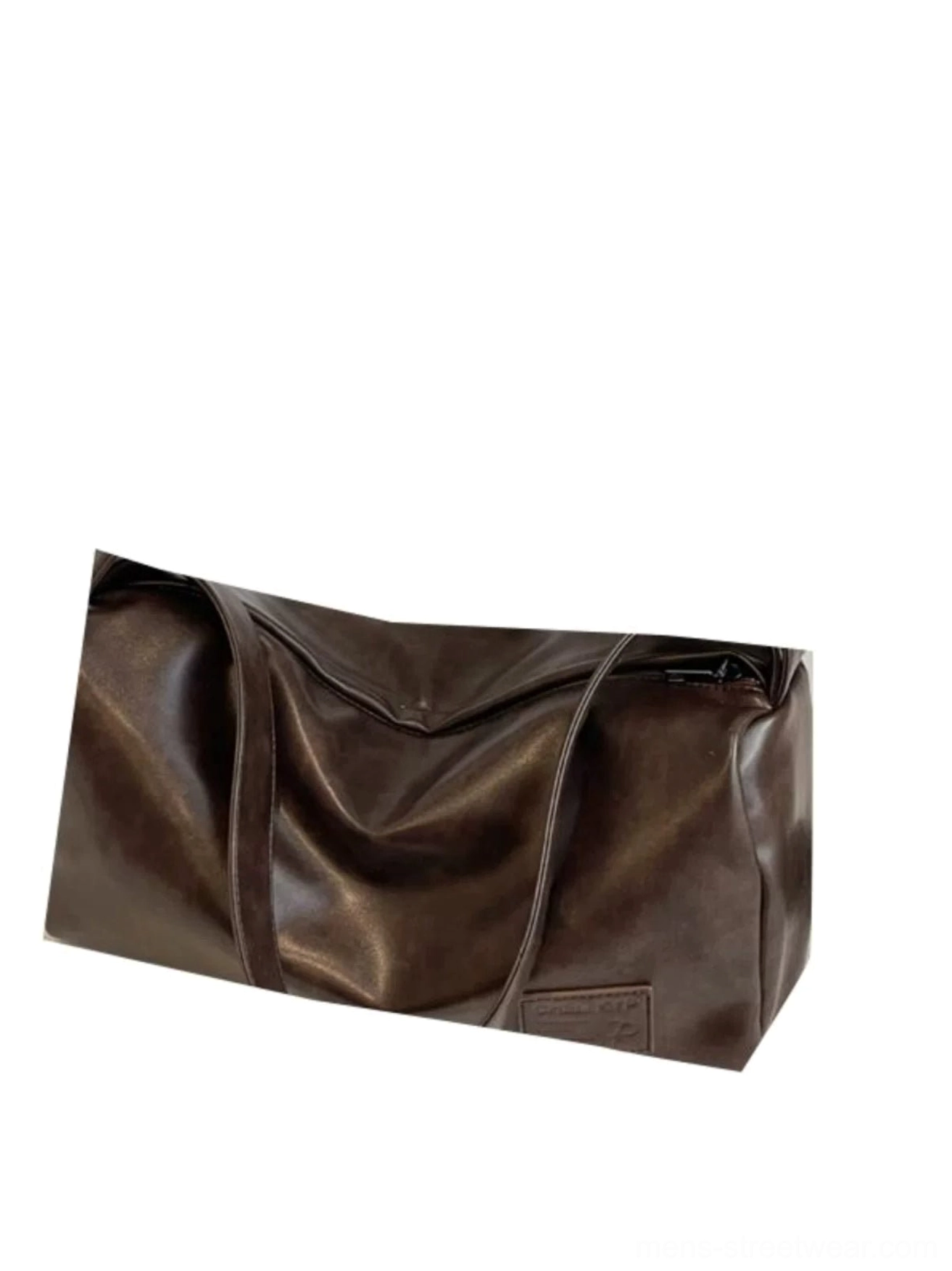 Brown soft structured PU leather crossbody sling bag displayed on a white background with a wide shoulder strap