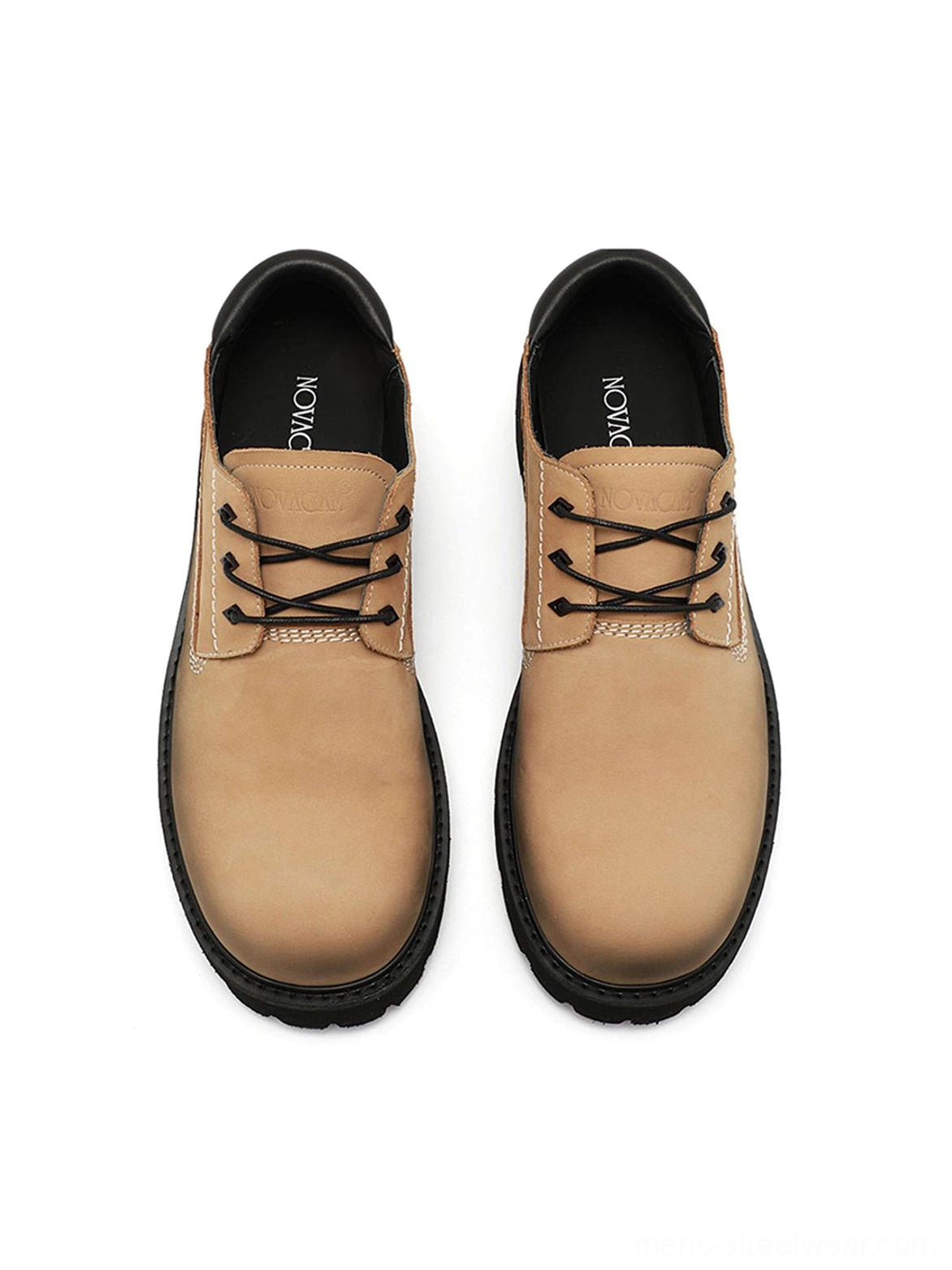 Brown tan leather derby shoes with black laces and heavy rubber lug sole for Korean and Japanese streetwear