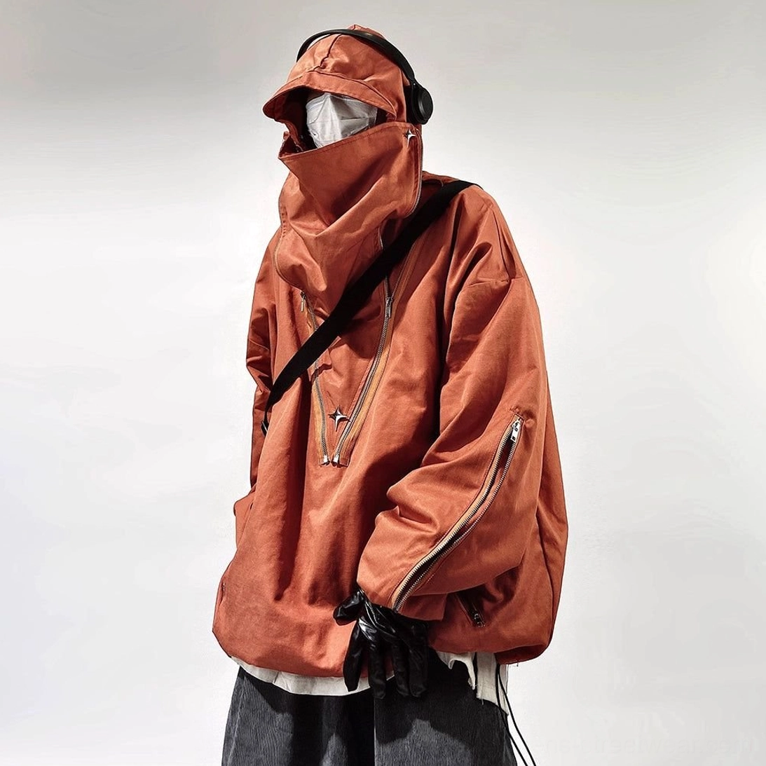 Brown urban utility hooded jacket with oversized fit, zippered side pockets, crossbody strap, and layered hem styling