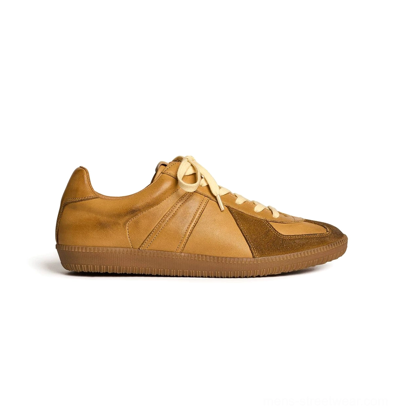 Brown vintage leather German Army Trainer sneakers with suede accents off-white laces and gum sole