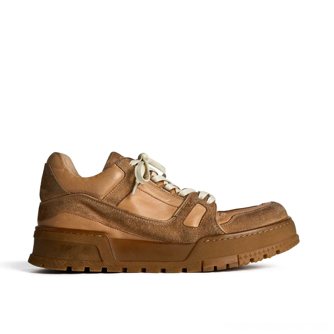 Brown vintage washed chunky sneakers with mixed smooth and textured leather panels, cream laces, and thick gum sole
