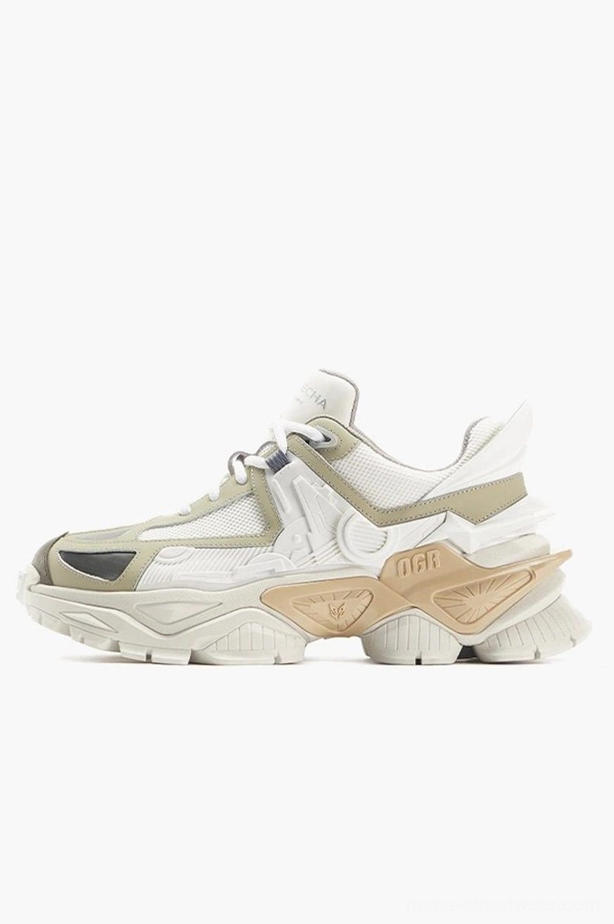 Brown and white mecha platform sneakers with warm-toned chunky sole, breathable mesh upper, and futuristic urban streetwear design