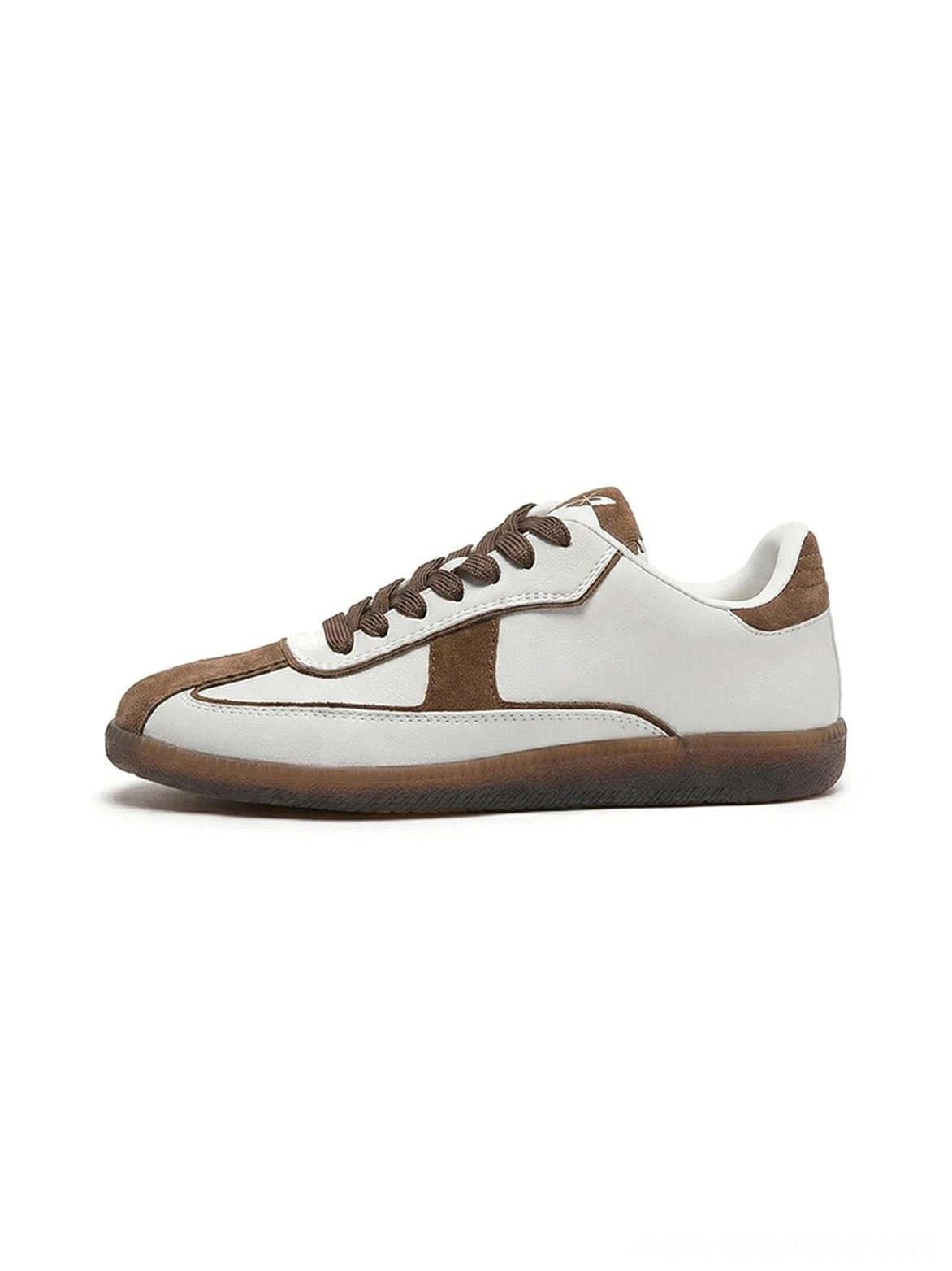 Brown and white suede panel retro gum sole sneakers shown in a clean side profile with brown laces and low profile streetwear silhouette