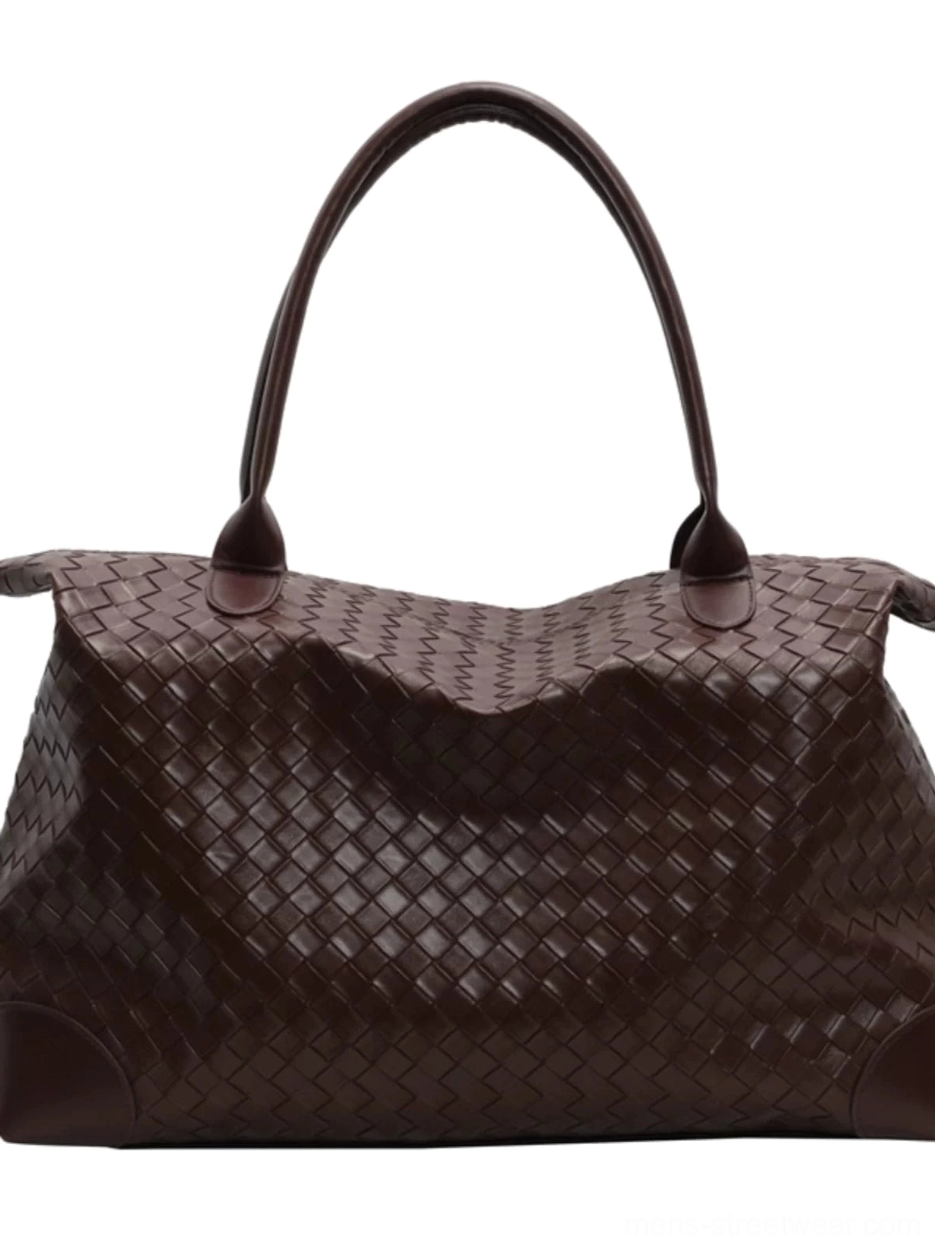 Brown woven PU leather weekender tote bag for men displayed flat against neutral studio background