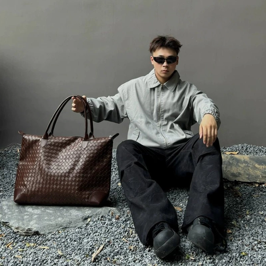 Brown woven PU leather weekender tote bag for men large capacity streetwear accessory