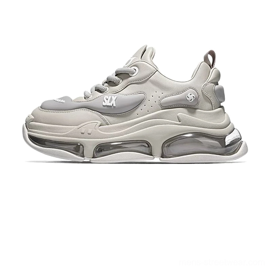Bubble Max chunky sneakers in Apricot Gray with smooth structured upper, transparent air-cushion sole, and Korean streetwear styling