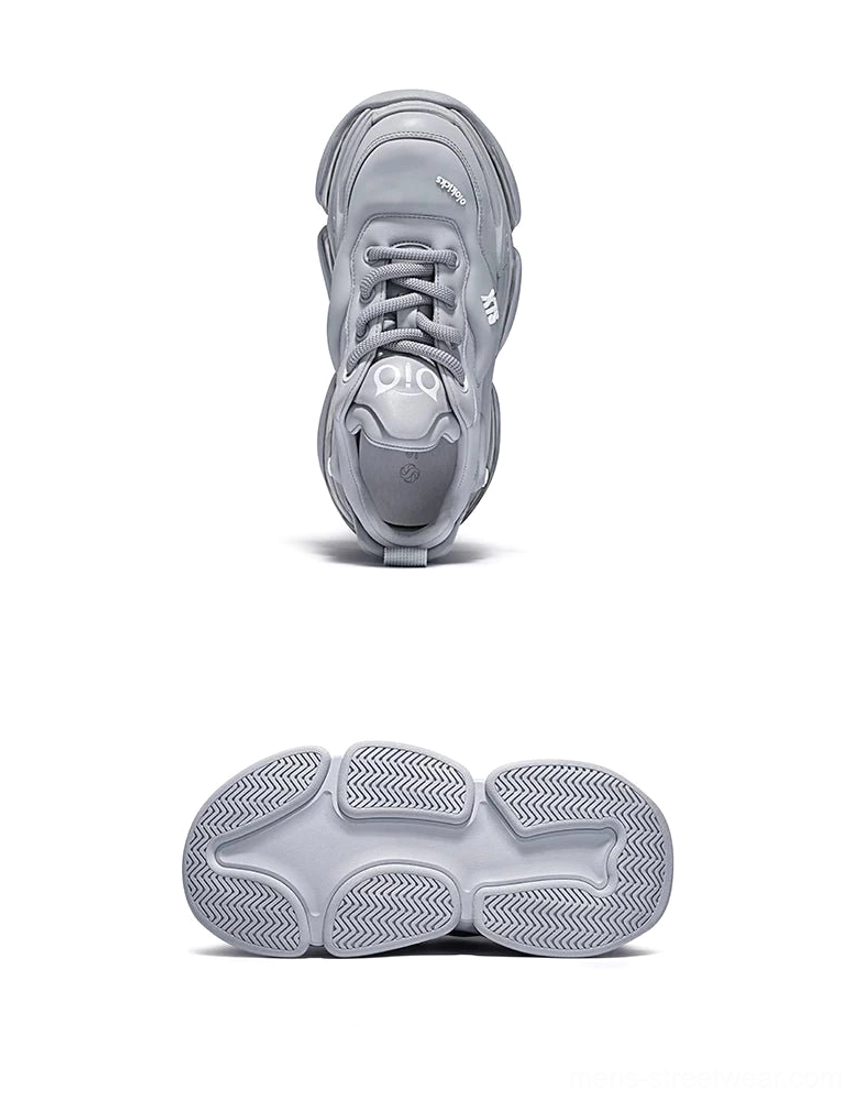 Bubble Max chunky sneakers with matte gray leather-style upper, textured thick rubber outsole, and classic oversized sneaker silhouette