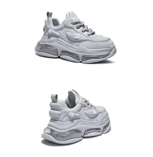 Bubble Max chunky streetwear sneakers in light gray with transparent air-cushion sole shown from front and rear oblique angles