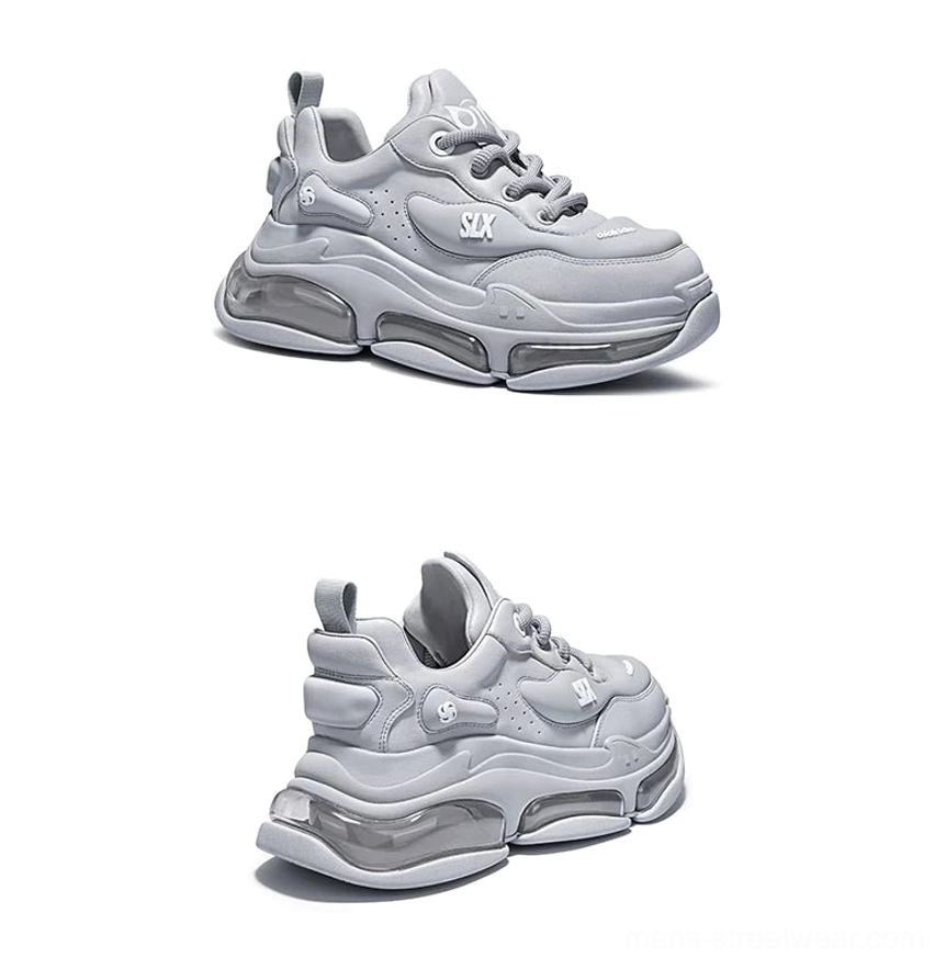 Bubble Max chunky streetwear sneakers in light gray with transparent air-cushion sole shown from front and rear oblique angles