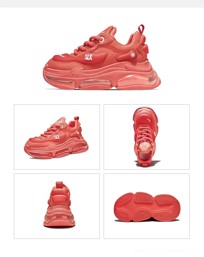 Bubble Max crimson red chunky sneakers with lace-up closure, transparent air-cushion outsole, and bold urban streetwear styling