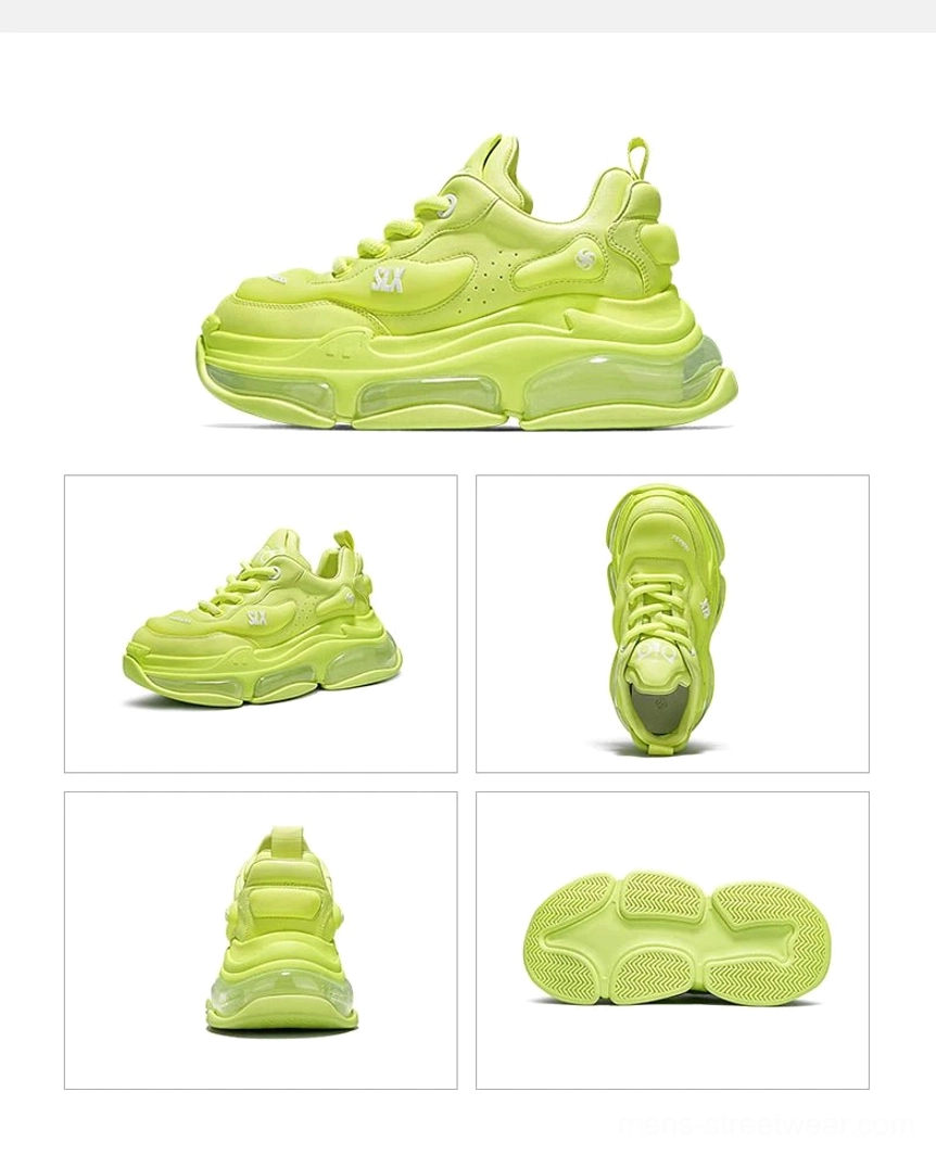 Bubble Max fluorescent lime green chunky streetwear sneakers with glossy upper, thick transparent air-cushion sole, and bold modern profile