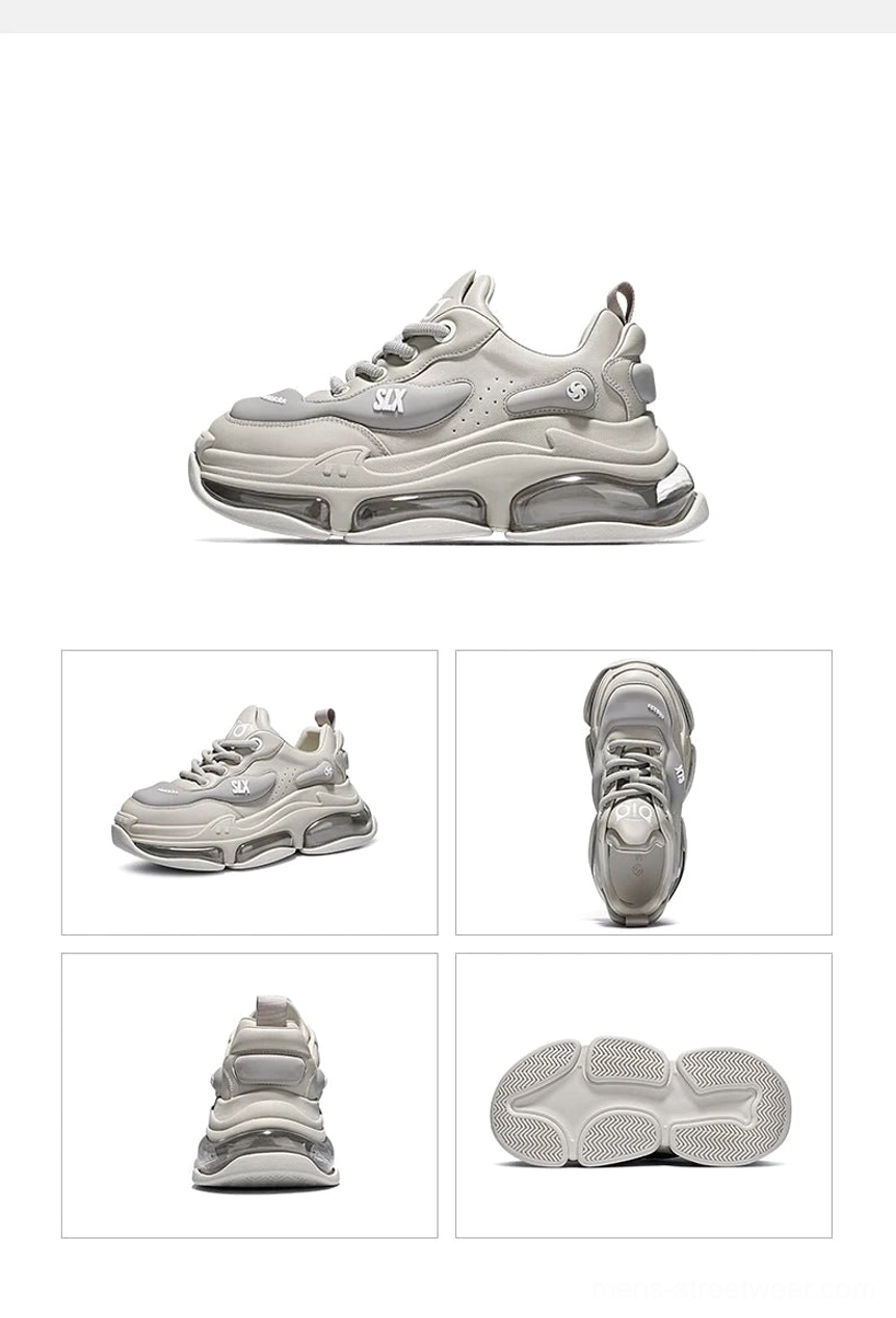 Bubble Max light gray chunky sneakers displayed from multiple angles with transparent air-cushion sole and detailed outsole view