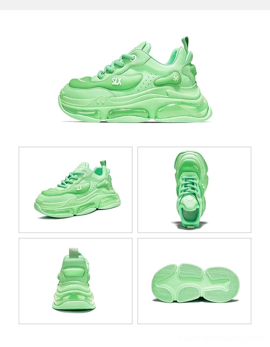 Bubble Max mint green glossy chunky sneakers with thick air-cushioned outsole, retro silhouette, and contemporary street fashion design