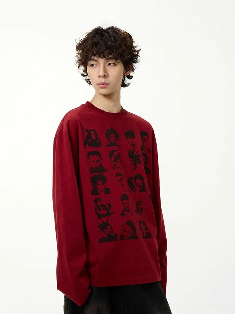 Burgundy character portrait print casual long sleeve tee shown in a three-quarter view with a relaxed oversized Korean streetwear fit
