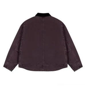 Dark burgundy two-tone work jacket shown from the back with black corduroy collar, dropped shoulders, curved split hem, and relaxed streetwear fit