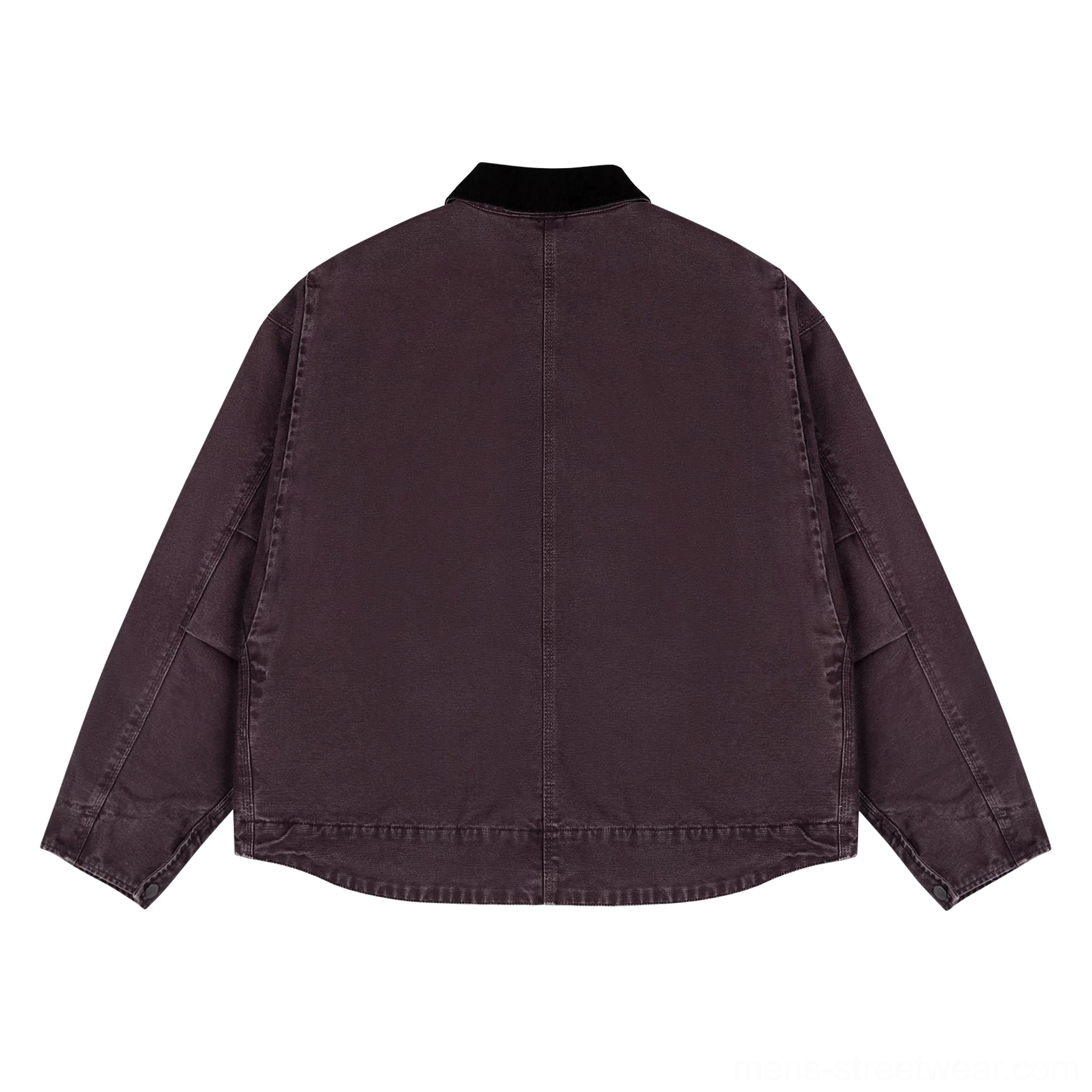 Dark burgundy two-tone work jacket shown from the back with black corduroy collar, dropped shoulders, curved split hem, and relaxed streetwear fit