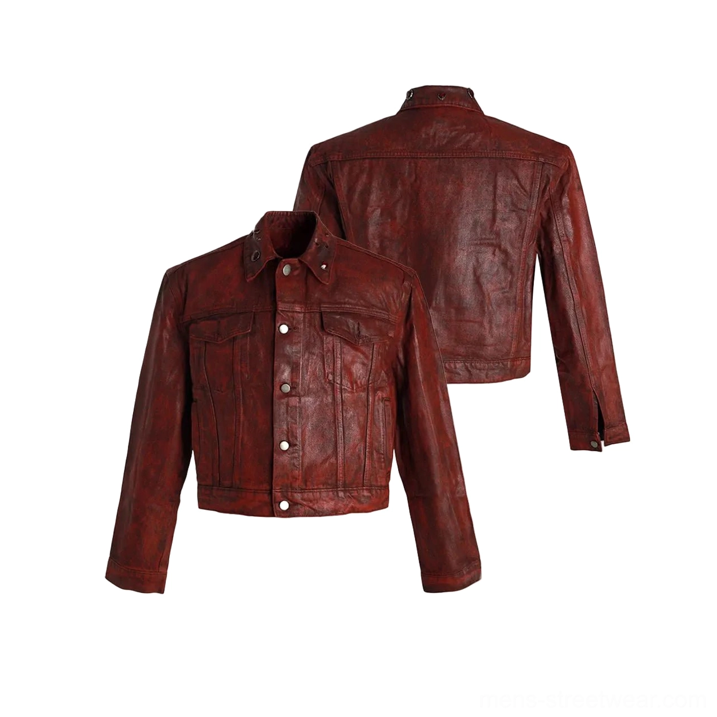 Burgundy distressed faux leather cropped trucker jacket displayed from front and back with classic flap chest pockets