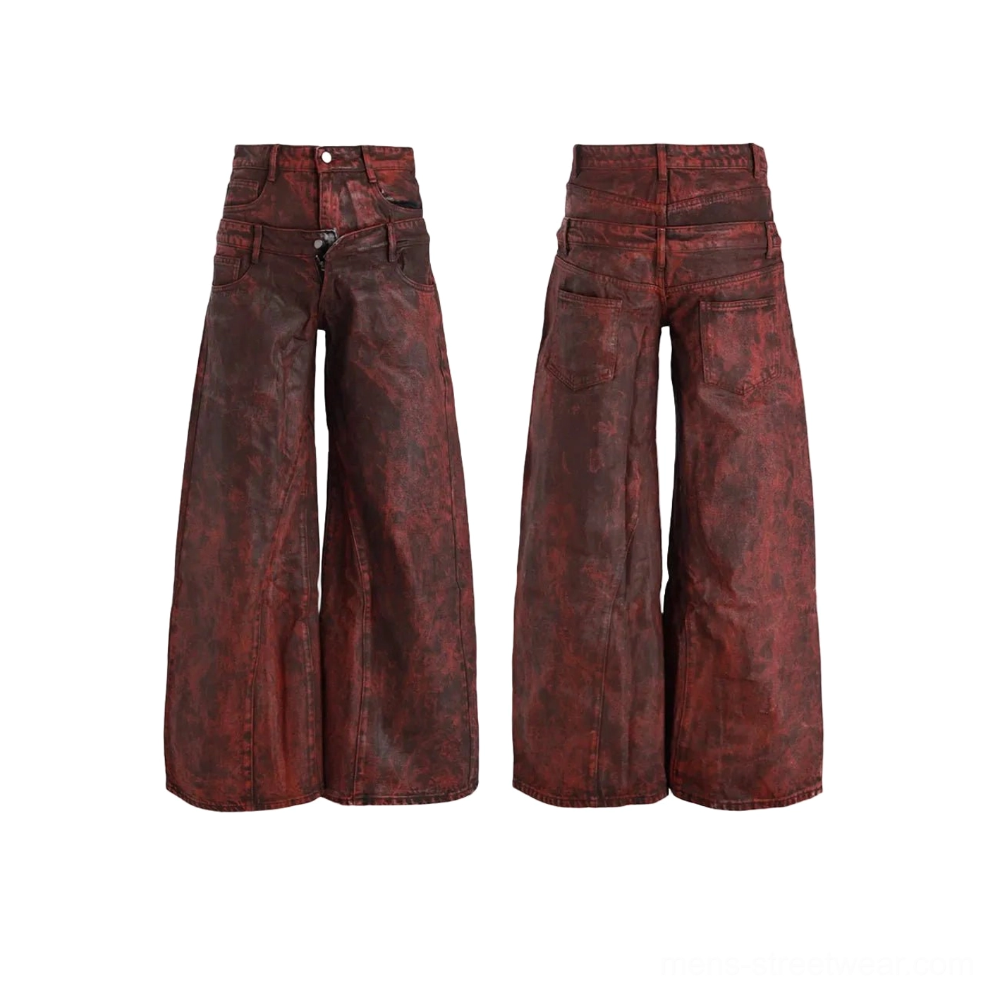 Burgundy distressed faux leather high-waisted wide-leg trousers designed to coordinate with a cropped trucker jacket