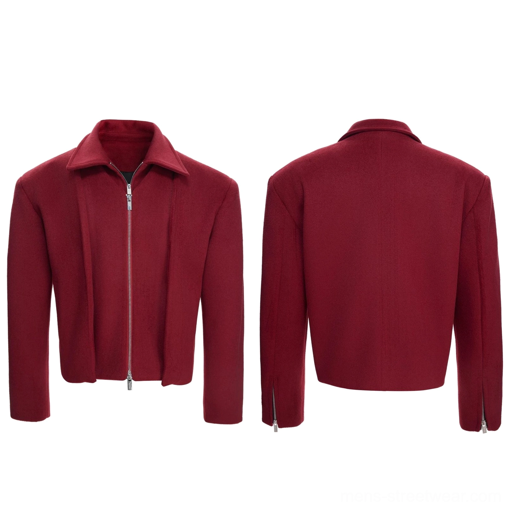 Flat lay front and back view of a burgundy double-zip cropped wool jacket with pleated panels and zip cuffs