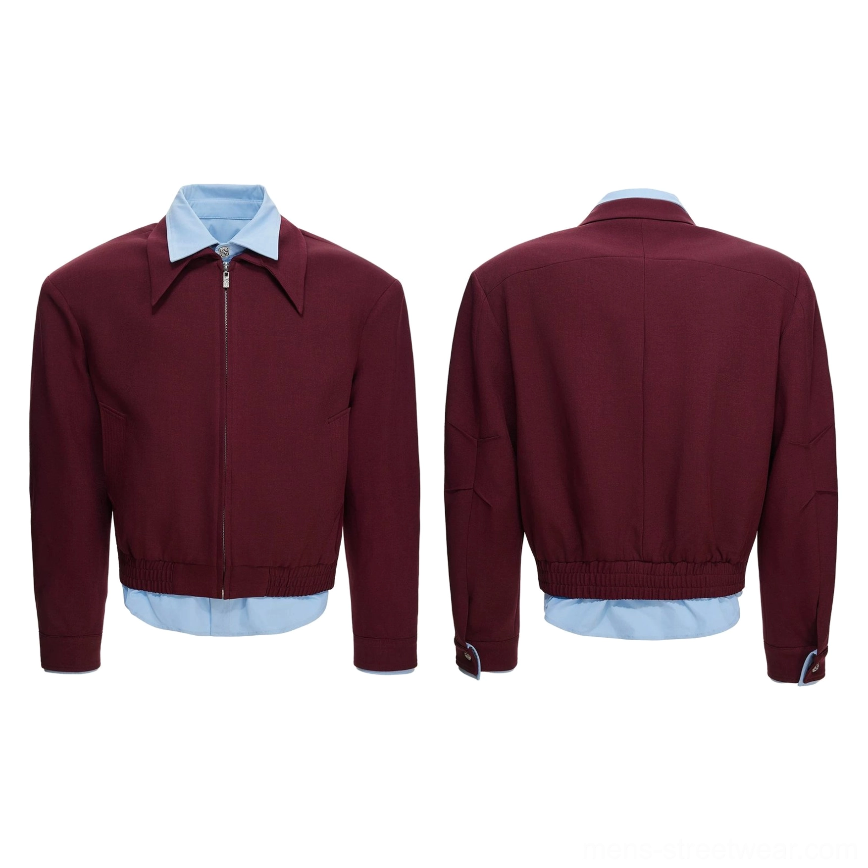 Front and back views of a burgundy false-layer zip blouson with a deep red finish and light blue shirt hem