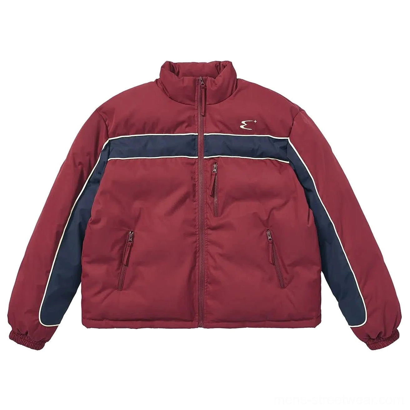 Flat lay of burgundy red and navy color block boxy puffer jacket with stand collar full zipper pockets and contrast piping