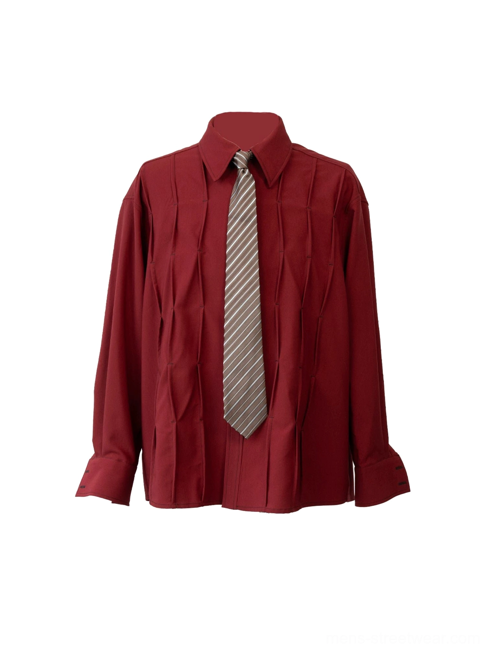Full flat lay of burgundy pleated shirt showing relaxed silhouette long sleeves cuffs and matching striped tie