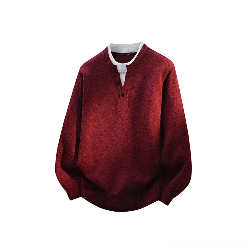 Burgundy red layered Henley knit sweater with contrasting white inner collar, loose fit, and contemporary Korean streetwear styling