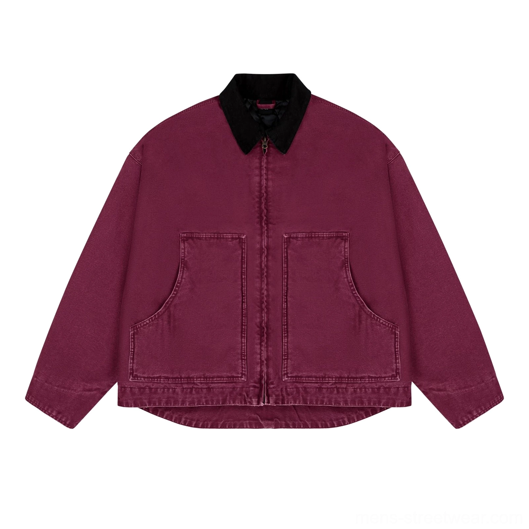 Two-tone burgundy work jacket with black corduroy collar, quilted lining, and practical streetwear fit
