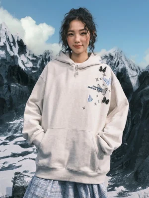 White ash oversized butterfly embroidered pullover hoodie with kangaroo pocket and relaxed dropped shoulder fit