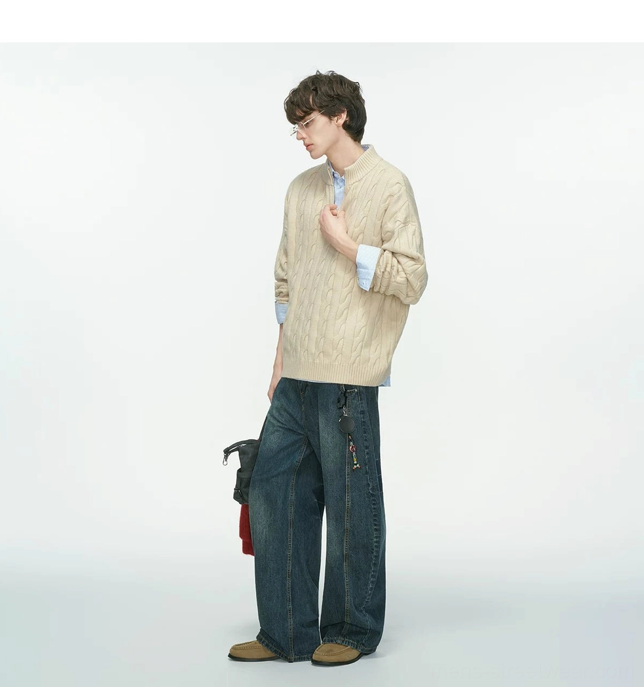 Cable-knit half-zip sweater product image showing oversized Korean streetwear silhouette and structured mock collar
