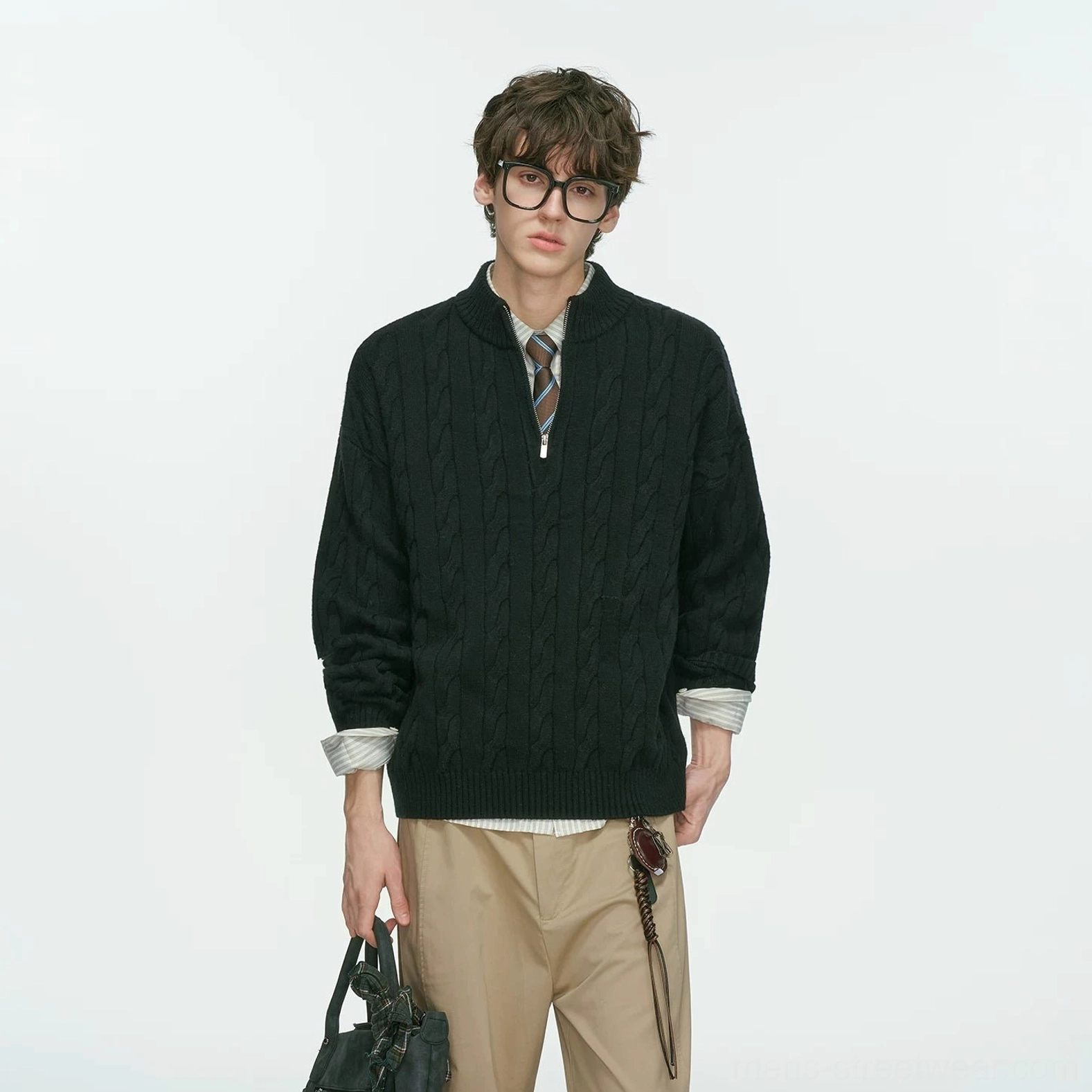 Cable-knit mock collar half-zip sweater with cozy texture and oversized silhouette for Seoul-inspired casual outfits